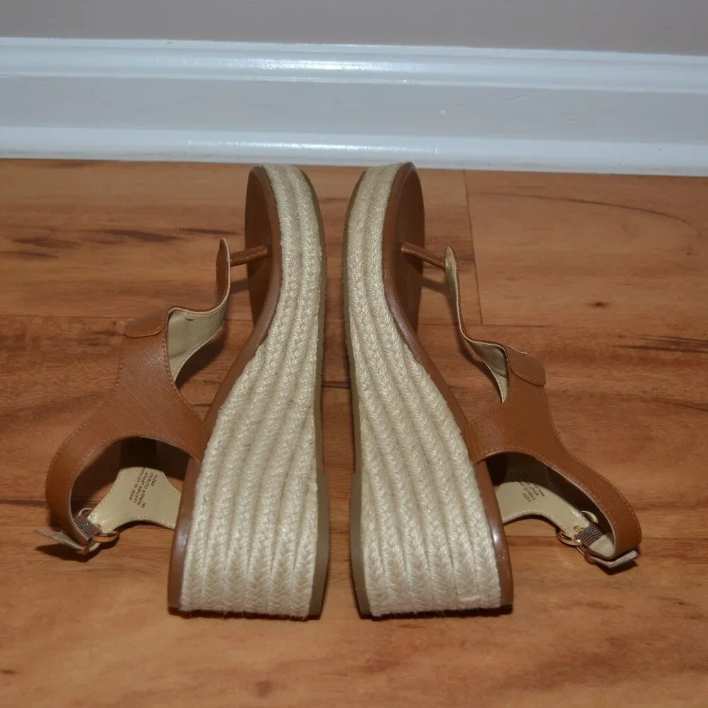 MICHAEL KORS LANEY LOGO ESPADRILLE WEDGE SANDALS LUGGAGE SIZE 8 MSRP $165.00